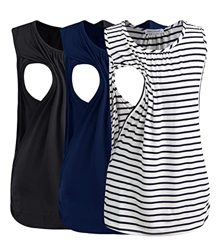 Smallshow Women's Maternity Nursing Tank Tops Breastfeeding Clothes 3-Pack - color: Black-navy-white Stripe(3 Packs), size: X-Large