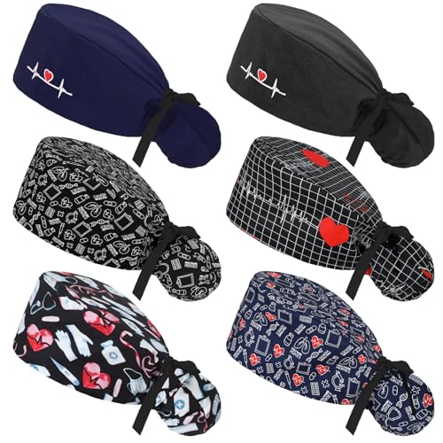Honoson 6 Pcs Scrub Caps Women with Buttons - color: Heart Color, style: Classic
