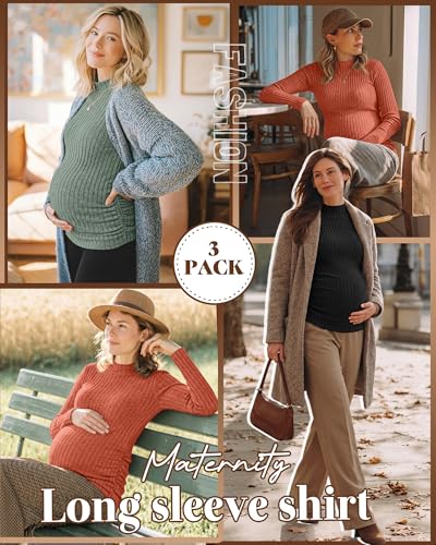 Neer 3 Pack Women's Maternity Mock Turtleneck Long Sleeve Tops - color: Caramel, Green, Black, size: X-Large