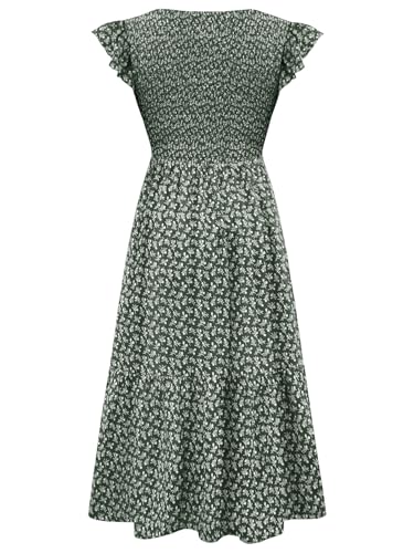 CzzzyL Women's Nursing Dress Flutter Sleeve Crew Neck Smocked Midi Pockets - color: Floralgreen, size: Medium