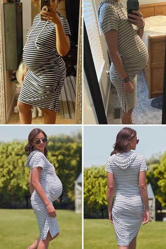 Women's Maternity Hoodie Dress Short Sleeve Split Side Ruched Pregnancy Clothes - color: Navy Stripe, size: XX-Large