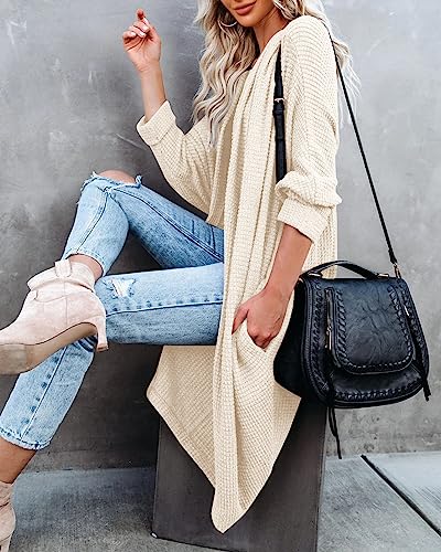 Womens Open Front Knit Cardigan Long Batwing Sleeve Oversized Sweater Chunky Waffle Cable Boho Pockets Coat - color: Beige White, size: Medium