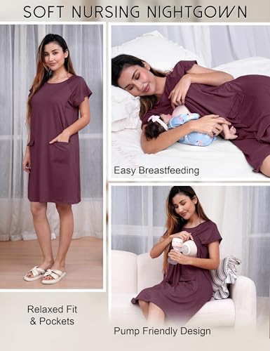 SUNNYBUY 2 PCS Maternity Labor & Delivery Gown with Matching Nursing Dress - color: Burgundy, size: Medium