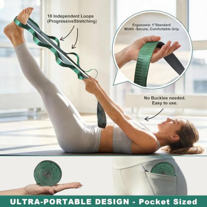 Acozycoo Stretching Strap with Loops for Physical Therapy,Knee,Calf,Back - color: Green-02, size: Length: 75 Inch, Width: 1 Inch