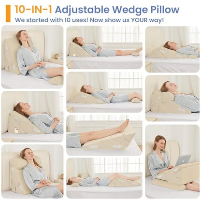 Sasttie Adjustable Wedge Pillow Set for After Surgery, Beige - color: Beige, size: Adjustable 9&12 Inch + 1 Head Pillow