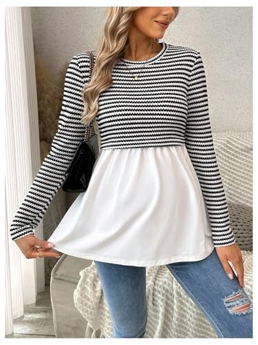 MakeMeChic Women's Fall Maternity Tops Striped Long Sleeve Flared Pregnancy Tee Shirt - size: X-Large