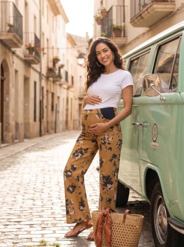 BLENCOT Women's Maternity Jeans Fashion Printed Pregnancy Denim Pants - color: Brown Floral, size: Medium