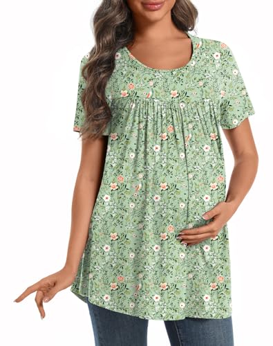 Maternity Tops for Women Summer Pleated Shirt - color: Green Flower, size: Large