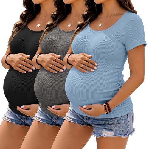 3 Pack Women's Maternity Tops - color: Light Blue, Heather Gray, Black, size: Medium