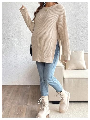 MakeMeChic Women's Maternity Knit Split Drop Shoulder Crew Neck Sweater - size: Medium