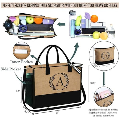 YOOLIFE Personalized Gifts for Women Initial Jute Tote Bag Makeup Bag - color: L