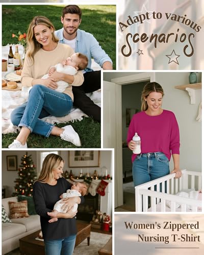 3 Pack Nursing Breastfeeding Tops - color: Rose Red, Light Apricot, Black, size: Large