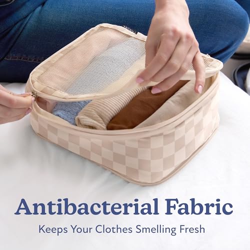Vandel Compression Packing Cubes for Women, Set with Hanging Toiletry Bag - color: 2. Neutral Checker, size: Deluxe Set (4 Cubes + Toiletry & Laundry Bags)