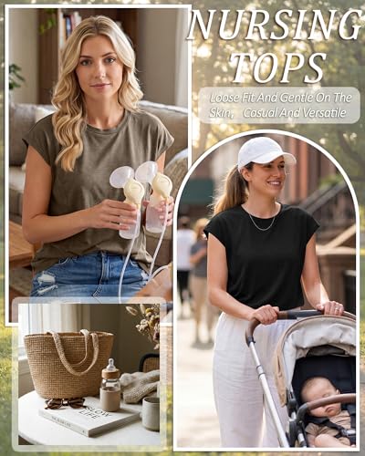 Ficerd 3 Pack Women's Nursing Cap Sleeve Shirts - color: Army Green, Brown, Black, size: Small