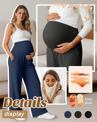 Oakgarden 3 Pack Women's Fleece Maternity Pants - color: Haze Blue, Charcoal Gray, Black, size: X-Large