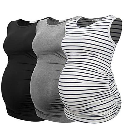 Smallshow Women's Maternity Tank Tops Sleeveless Ruched Pregnancy Clothes 3-Pack - color: Black/Light Grey/White Stripe, size: Medium