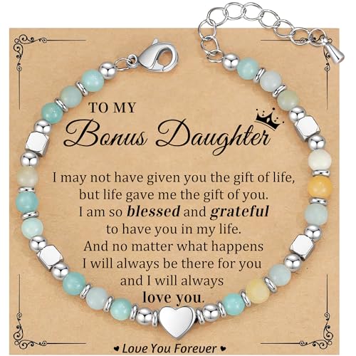 Christmas Gift for Women, Beaded Bracelets for Women Teen Girl Gifts Stocking Stuffers for Her Adjustable Nature Stone Bead Bracelet with Heart Birthday Jewelry Grandma Daughter Granddaughter Mom - color: Amazonite- Bonus Daughter