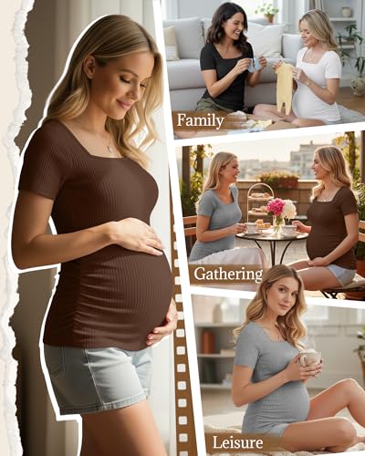 Huukeay 4 Pack Women's Short Sleeve Maternity Shirts - color: Black, Heather Gray, White, Brown, size: Small