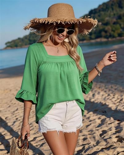 Bulotus Womens Plus Size Tops Square Neck Blouse Boho Top Chiffon 3/4 Sleeve Ruffle Shirt Cute Tunic 2026 Spring Summer - color: Green, size: X-Large Plus