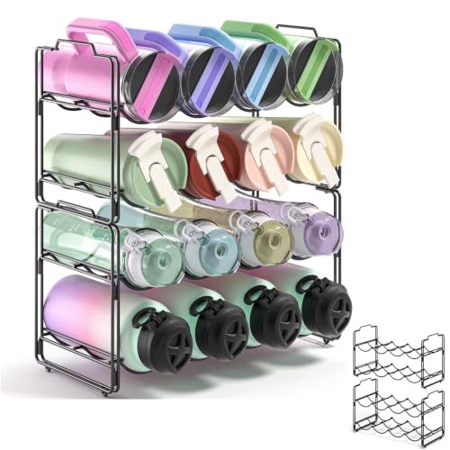 DTUQYX Stackable Metal Water Bottle Organizer for Stanley 40 oz, 4 Tier Tumbler Organizer Storage Rack for Stanley Cup Accessories, 16 Cup Bottle Holder for Kitchen Cabinet, Countertop, Pantry Shelf