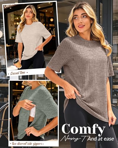 Huukeay 4 Pack Women's Nursing Shirts - color: Light Green, Cream, Light Coffee, Black, size: X-Large