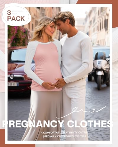 Neer 3 Pack Maternity Long Sleeve Shirts Ribbed Pregnancy Tops - color: Dark Gray, Haze Blue, Pink, size: Small
