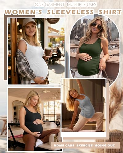Ficerd 4 Pack Women's Maternity Tank Cotton Tops - color: Black, Light Heather Gray, White, Army Green, size: Medium