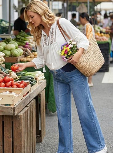 BLENCOT Women's Maternity Jeans High Waist Side Panel Wide Leg Denim Pants - color: Iceland Blue, size: Medium
