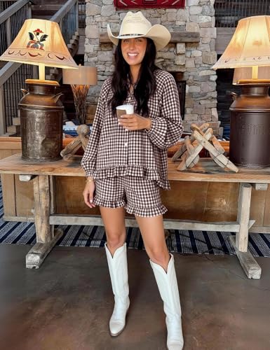COZYPOIN Womens Gingham Pajama Set 2 Piece 100% Cotton Ruffle Lounge Set - color: Coffee, size: Large