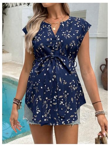 MakeMeChic Women's Maternity Blouse V Neck Cap Sleeve Belted Summer Shirt - color: Blue, size: Small