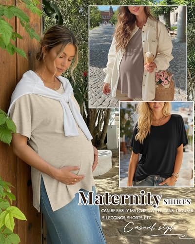 Riyiper 3 Pack Women's Maternity Tunic Cotton Shirts - color: Camel, Beige White, Black, size: Medium