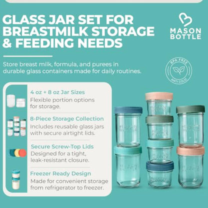 Mason Bottle Glass Breastmilk Storage Jar Set with Lids, 8-Pack, 4oz & 8oz - size: Mixed Jar Set (8 pack)