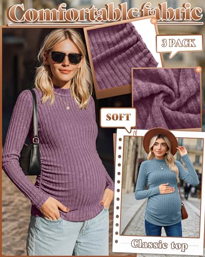 Neer 3 Pack Women's Maternity Mock Turtleneck Long Sleeve Tops - color: Fuchsia, Blue, Black, size: Large