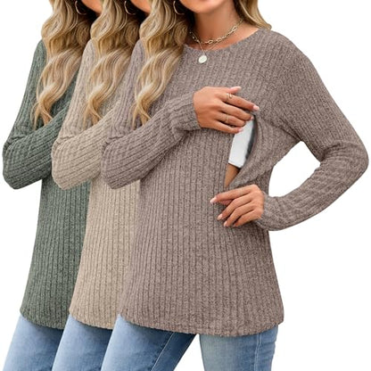 3 Pack Maternity Nursing Ribbed Long Sleeve Tops - color: Army Green, Apricot, Coffee, size: Medium