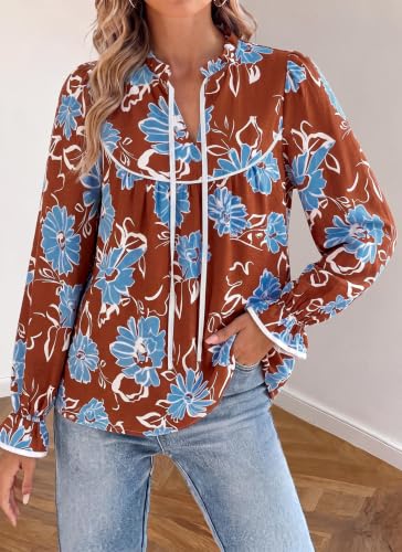 PRETTYGARDEN Women Boho Floral Babydoll Tunic Top - color: Brown White Blue, size: Small