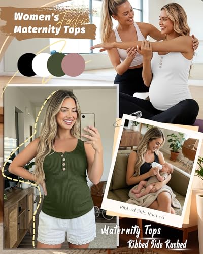 4 Pack Maternity Henley Tank Tops - color: Dusty Pink, Army Green, White, Black, size: Small
