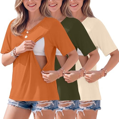 3 Pack Women's Nursing Shirts - color: Light Khaki, Army Green, Orange, size: X-Large