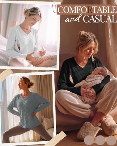 Huukeay 3 Pack Women's Long Sleeve Nursing Breastfeeding Shirts - color: Light Gray, White, Black, size: Small