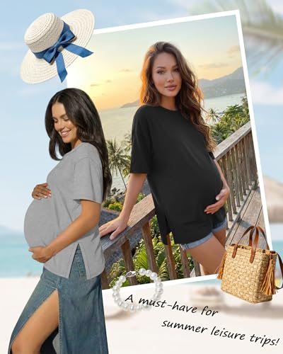 Riyiper 4 Pack Women's Short Sleeve Maternity T Shirts - color: Black, Light Heather Gray, White, Khaki, size: Medium