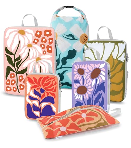 Gonex 6-Piece Compression Packing Cubes with Shoe & Laundry Bags - color: Flowers, size: 6 Set
