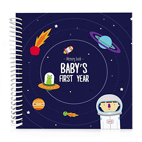 Astronaut Theme First Year Baby Memory Book | 12 Stickers Included | 1st Photo Album with stickers and frames to add your pictures in a gorgeous way | Outer Space Edition | Great Gift for new Moms