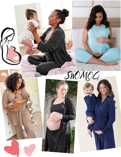 SWOMOG Maternity Nursing Robe Set 3 PCS Postpartum Breastfeeding Pajamas Hospital Pregnancy Pjs Double Layer Lounge Set - color: Black, size: Small
