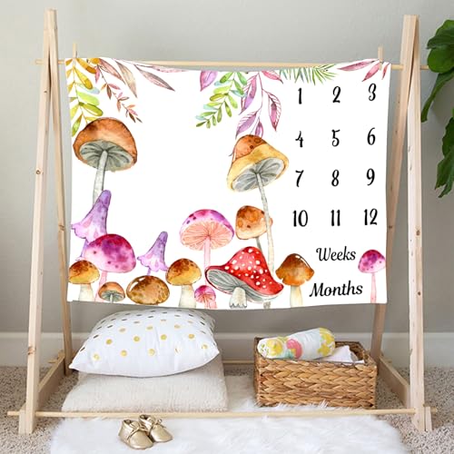 Mushroom Theme Baby Monthly Milestone Blanket, Watercolor, 48x40in - color: Green, size: 48x40in