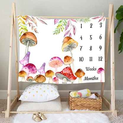 Mushroom Baby Monthly Milestone Blanket Watercolor Tropical, 60x40in - color: Green, size: 60x40in