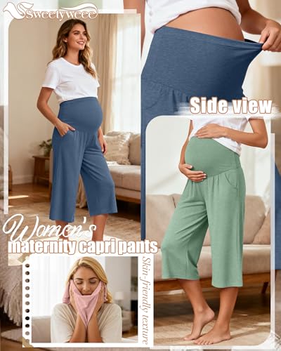 3 Pack Women's Maternity Capris - color: Grass Green, Light Pink, Haze Blue, size: Large