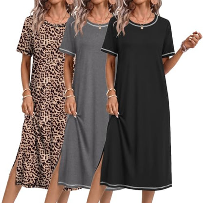 Ekouaer 3 Pack Long Nightgowns for Women Split Hem Sleepshirt - color: Black/Grey/Leopard, size: Medium