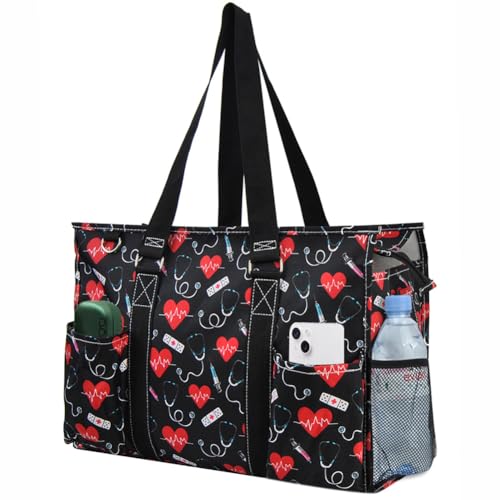 NGIL Work Tote Bag with Exterior Pockets - color: Ngil Zip-cure With Love-black