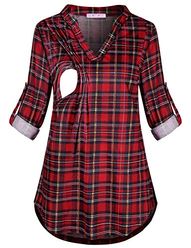 Joymom Maternity Rolled Long Sleeve Nursing Tops Tunic Blouses Breastfeeding - color: 1-3 Red Black Plaid, size: Large