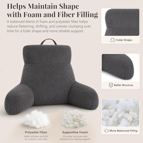 Reading Pillow with Arms for Bed Sitting Up, 18 Inch, Dark Grey - color: Dark Grey, size: 18inch