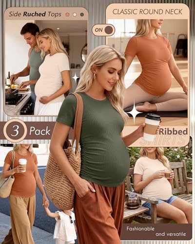 Ficerd 3 Pack Women's Short Sleeve Maternity Shirts - color: Light Army Green, Apricot, Pumpkin, size: Medium